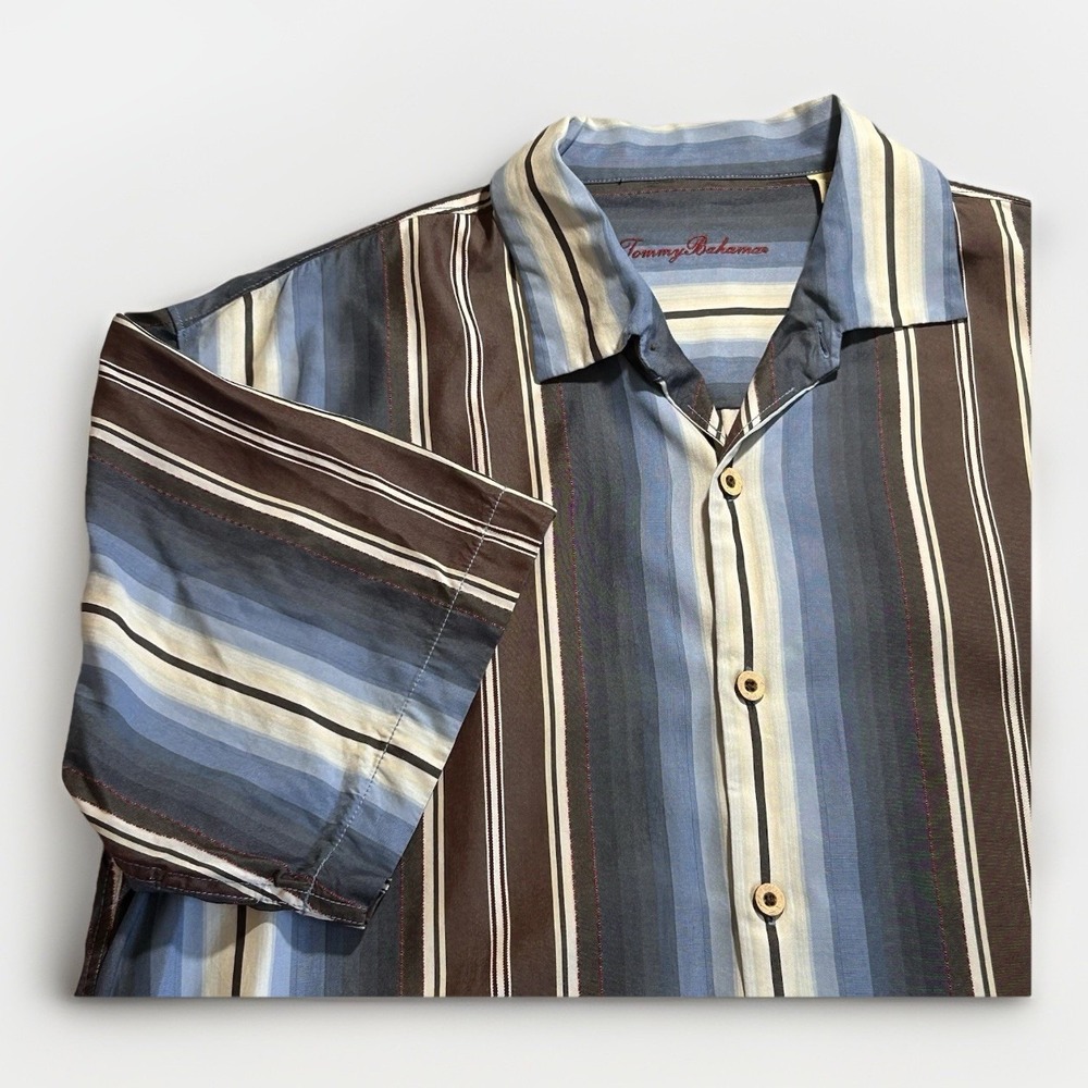 Tommy Bahama Short Sleeve Button Up Shirt Mens XL Silk Tencel Striped Relaxed‎
